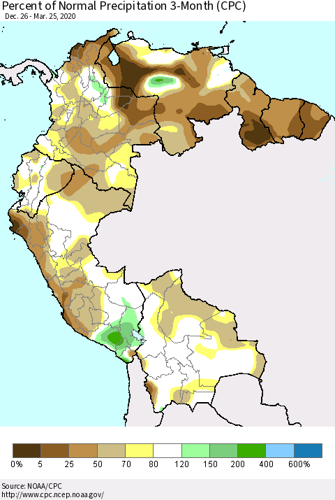 Northern South America Percent of Normal Precipitation 3-Month (CPC) Thematic Map For 12/26/2019 - 3/25/2020