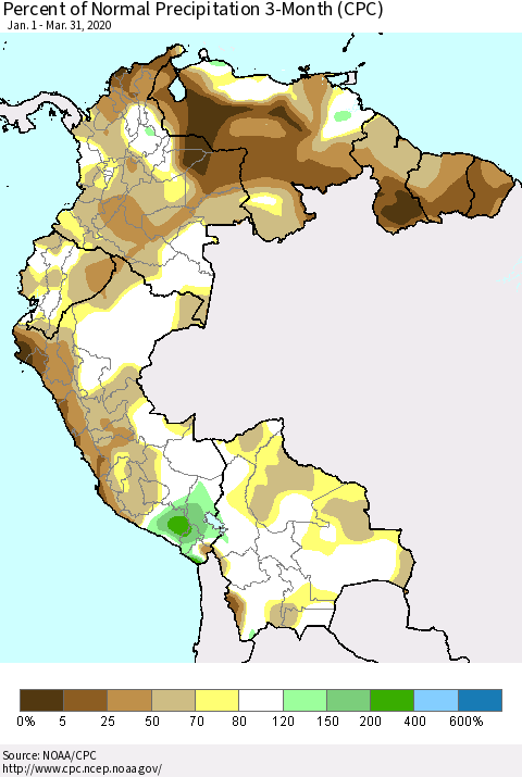 Northern South America Percent of Normal Precipitation 3-Month (CPC) Thematic Map For 1/1/2020 - 3/31/2020