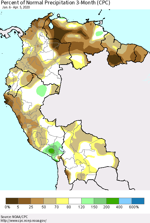 Northern South America Percent of Normal Precipitation 3-Month (CPC) Thematic Map For 1/6/2020 - 4/5/2020