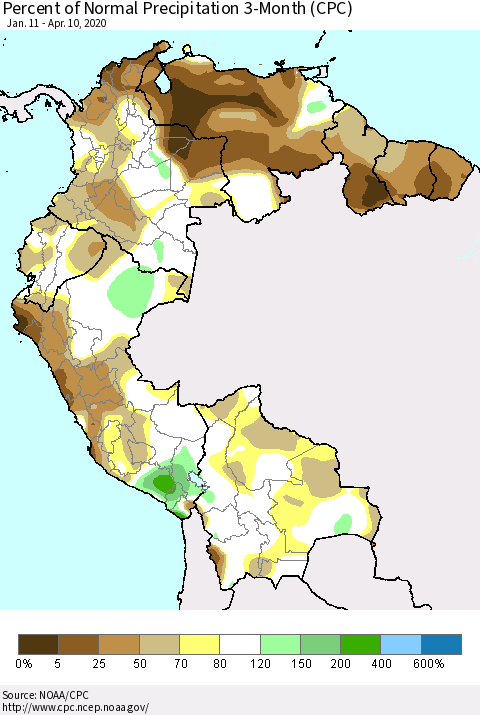 Northern South America Percent of Normal Precipitation 3-Month (CPC) Thematic Map For 1/11/2020 - 4/10/2020