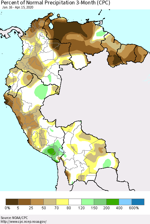 Northern South America Percent of Normal Precipitation 3-Month (CPC) Thematic Map For 1/16/2020 - 4/15/2020