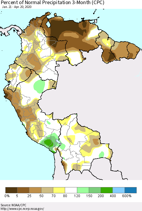 Northern South America Percent of Normal Precipitation 3-Month (CPC) Thematic Map For 1/21/2020 - 4/20/2020
