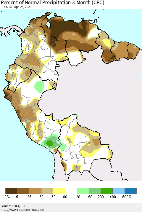Northern South America Percent of Normal Precipitation 3-Month (CPC) Thematic Map For 1/26/2020 - 4/25/2020
