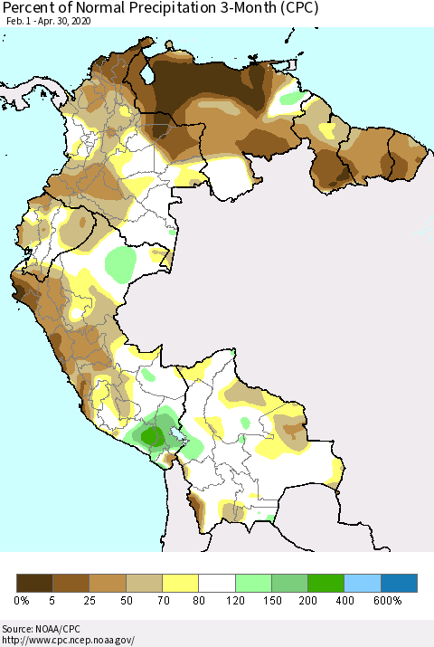 Northern South America Percent of Normal Precipitation 3-Month (CPC) Thematic Map For 2/1/2020 - 4/30/2020