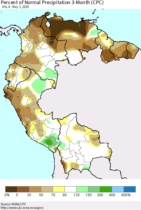 Northern South America Percent of Normal Precipitation 3-Month (CPC) Thematic Map For 2/6/2020 - 5/5/2020