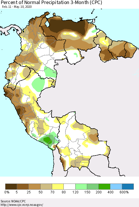 Northern South America Percent of Normal Precipitation 3-Month (CPC) Thematic Map For 2/11/2020 - 5/10/2020