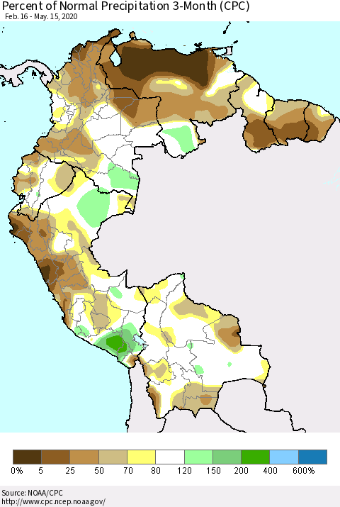 Northern South America Percent of Normal Precipitation 3-Month (CPC) Thematic Map For 2/16/2020 - 5/15/2020