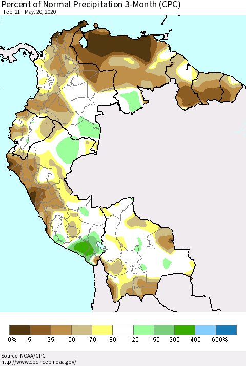 Northern South America Percent of Normal Precipitation 3-Month (CPC) Thematic Map For 2/21/2020 - 5/20/2020