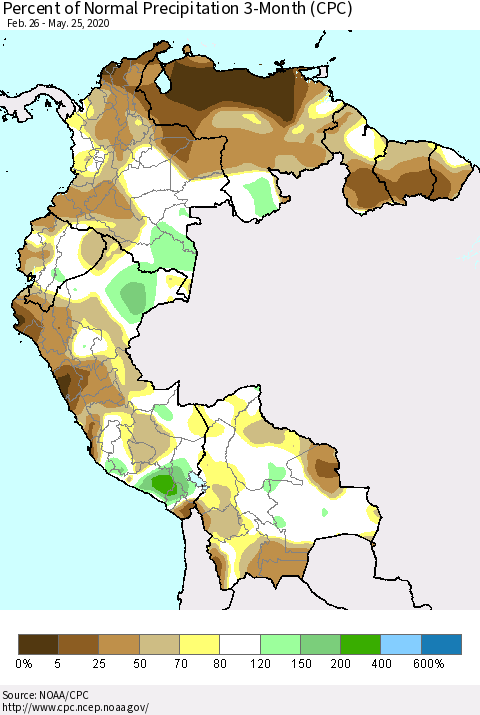Northern South America Percent of Normal Precipitation 3-Month (CPC) Thematic Map For 2/26/2020 - 5/25/2020