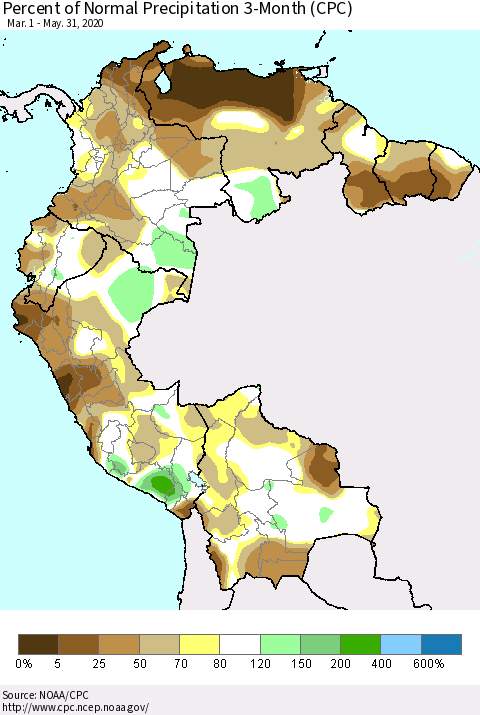 Northern South America Percent of Normal Precipitation 3-Month (CPC) Thematic Map For 3/1/2020 - 5/31/2020