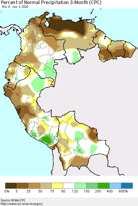 Northern South America Percent of Normal Precipitation 3-Month (CPC) Thematic Map For 3/6/2020 - 6/5/2020