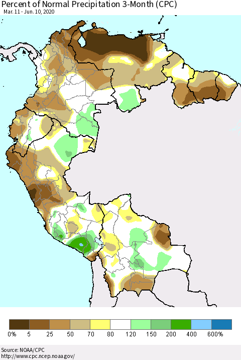Northern South America Percent of Normal Precipitation 3-Month (CPC) Thematic Map For 3/11/2020 - 6/10/2020
