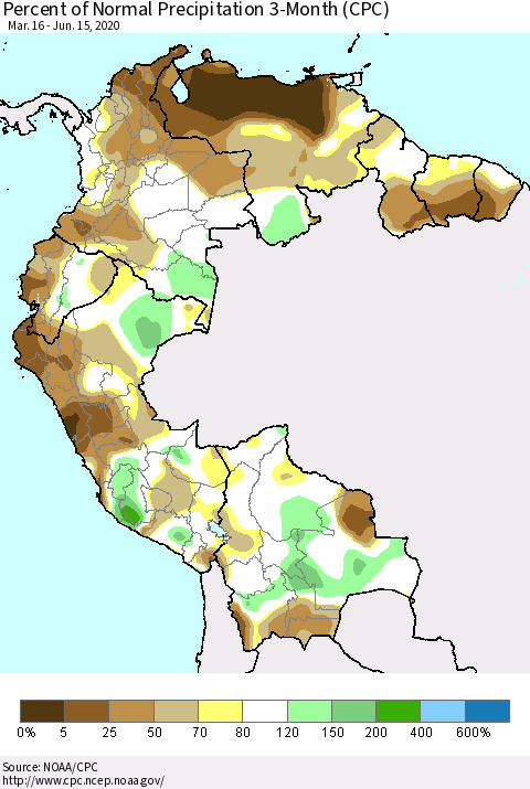 Northern South America Percent of Normal Precipitation 3-Month (CPC) Thematic Map For 3/16/2020 - 6/15/2020
