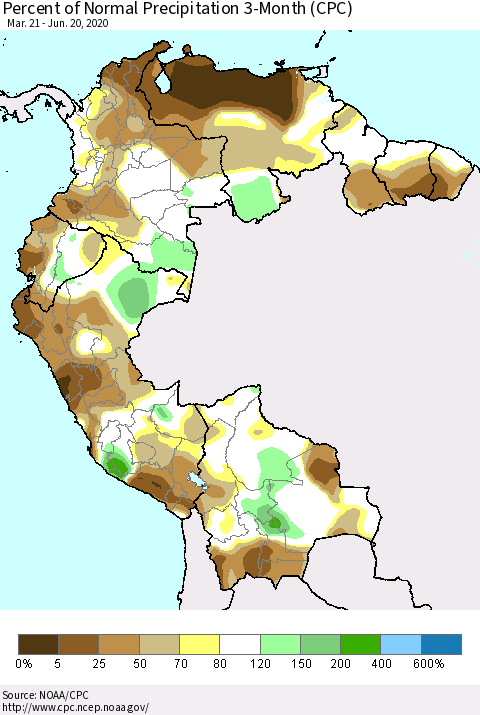 Northern South America Percent of Normal Precipitation 3-Month (CPC) Thematic Map For 3/21/2020 - 6/20/2020