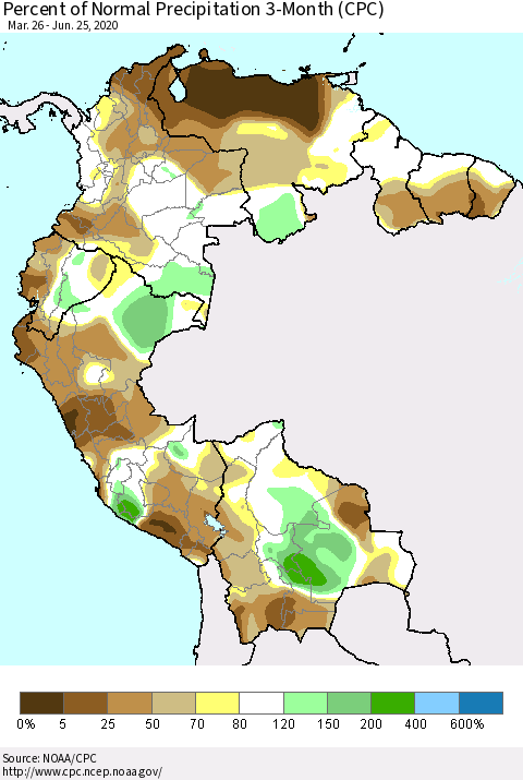 Northern South America Percent of Normal Precipitation 3-Month (CPC) Thematic Map For 3/26/2020 - 6/25/2020