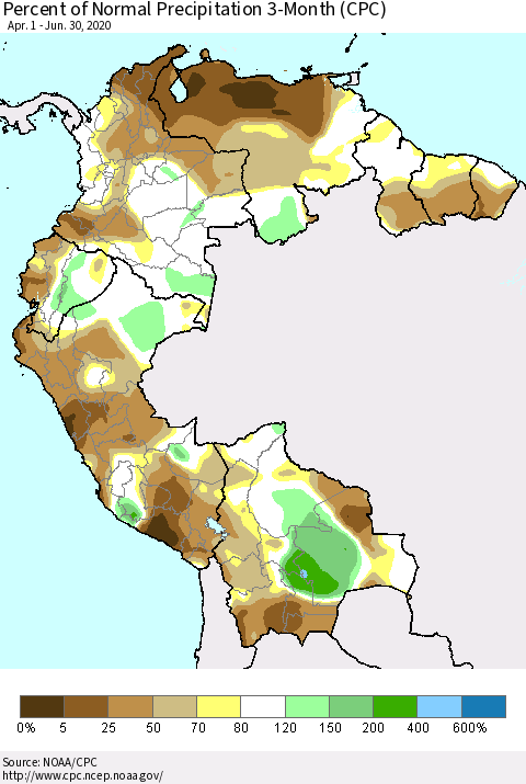 Northern South America Percent of Normal Precipitation 3-Month (CPC) Thematic Map For 4/1/2020 - 6/30/2020