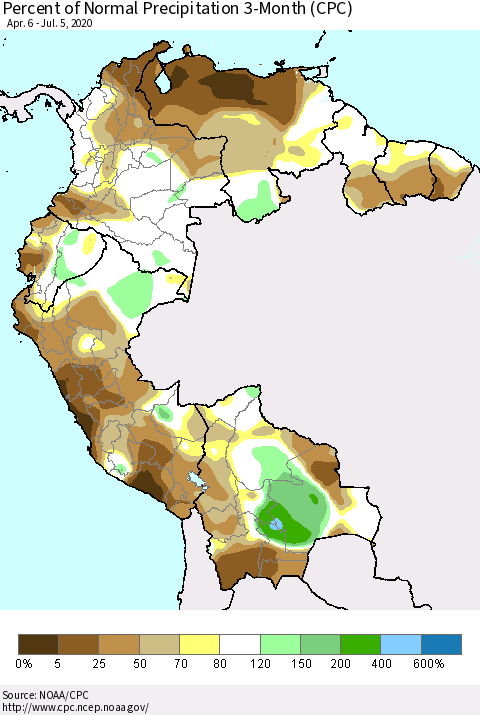 Northern South America Percent of Normal Precipitation 3-Month (CPC) Thematic Map For 4/6/2020 - 7/5/2020