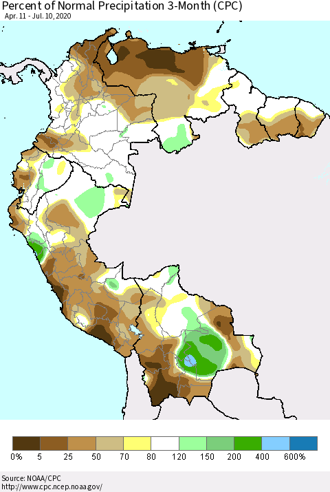 Northern South America Percent of Normal Precipitation 3-Month (CPC) Thematic Map For 4/11/2020 - 7/10/2020