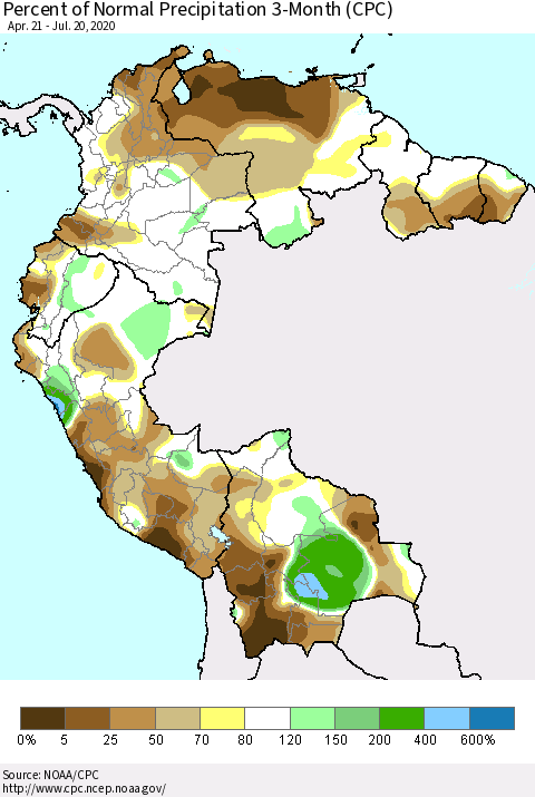 Northern South America Percent of Normal Precipitation 3-Month (CPC) Thematic Map For 4/21/2020 - 7/20/2020