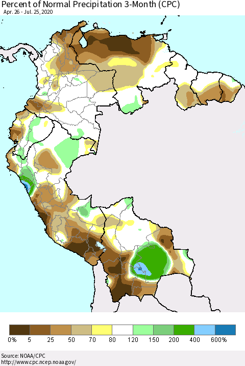 Northern South America Percent of Normal Precipitation 3-Month (CPC) Thematic Map For 4/26/2020 - 7/25/2020