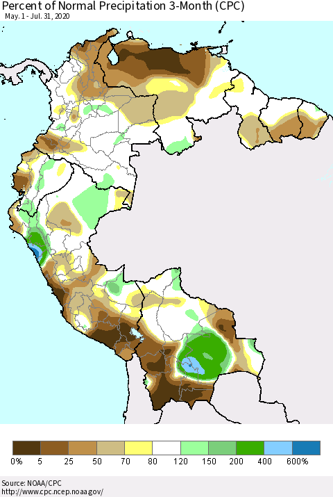 Northern South America Percent of Normal Precipitation 3-Month (CPC) Thematic Map For 5/1/2020 - 7/31/2020