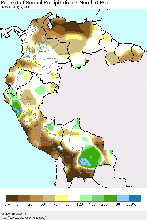 Northern South America Percent of Normal Precipitation 3-Month (CPC) Thematic Map For 5/6/2020 - 8/5/2020