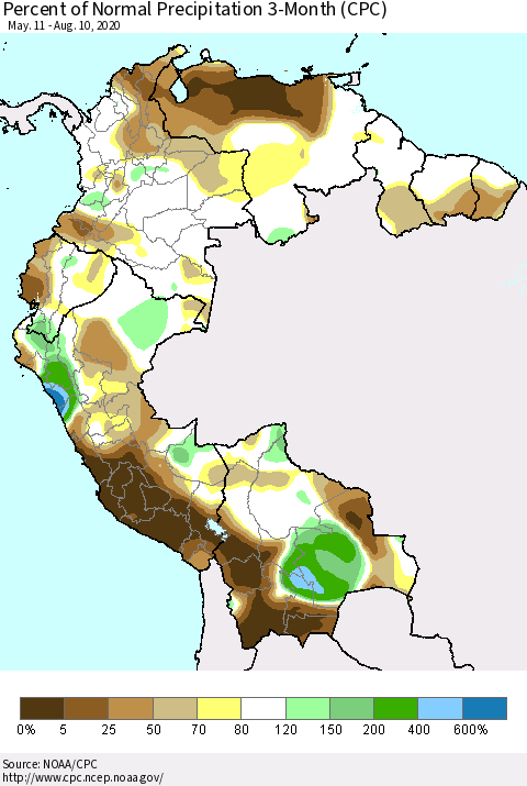 Northern South America Percent of Normal Precipitation 3-Month (CPC) Thematic Map For 5/11/2020 - 8/10/2020