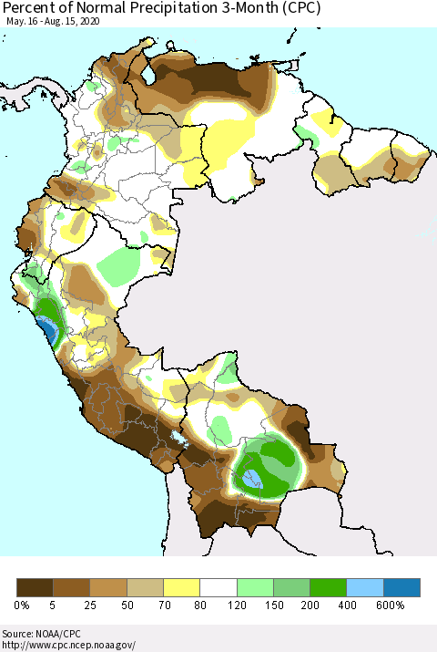 Northern South America Percent of Normal Precipitation 3-Month (CPC) Thematic Map For 5/16/2020 - 8/15/2020