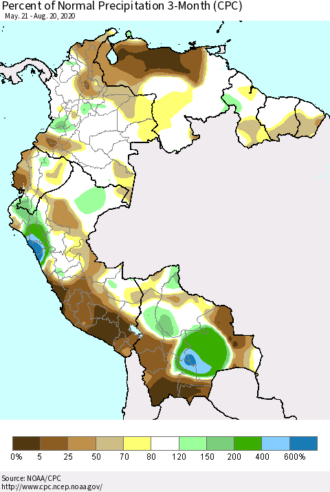Northern South America Percent of Normal Precipitation 3-Month (CPC) Thematic Map For 5/21/2020 - 8/20/2020