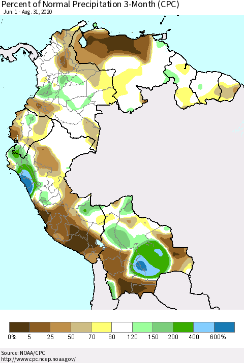 Northern South America Percent of Normal Precipitation 3-Month (CPC) Thematic Map For 6/1/2020 - 8/31/2020