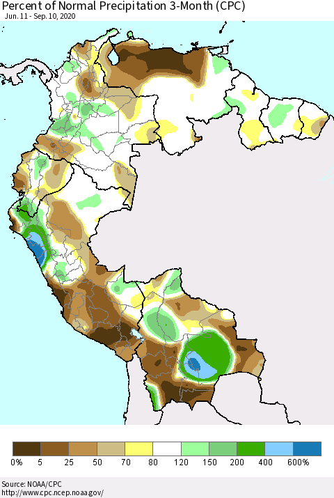Northern South America Percent of Normal Precipitation 3-Month (CPC) Thematic Map For 6/11/2020 - 9/10/2020