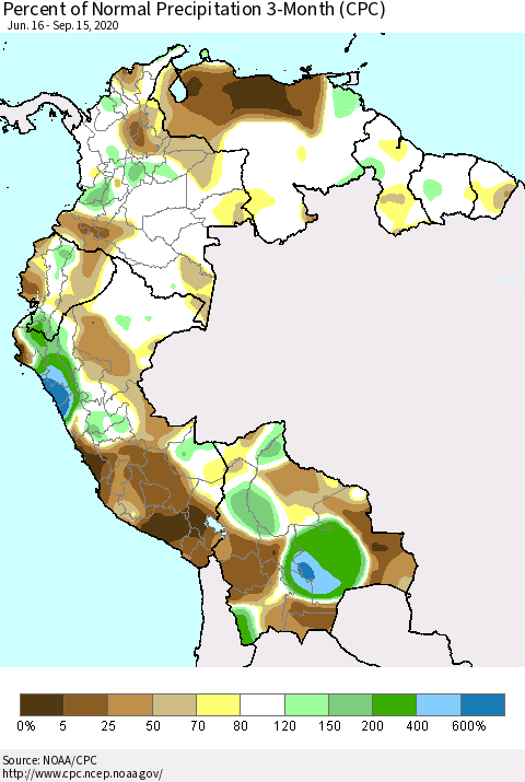 Northern South America Percent of Normal Precipitation 3-Month (CPC) Thematic Map For 6/16/2020 - 9/15/2020