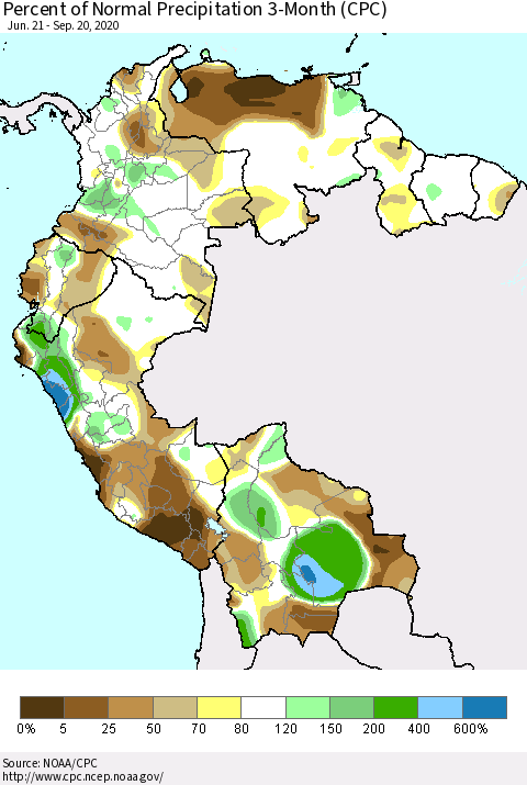Northern South America Percent of Normal Precipitation 3-Month (CPC) Thematic Map For 6/21/2020 - 9/20/2020