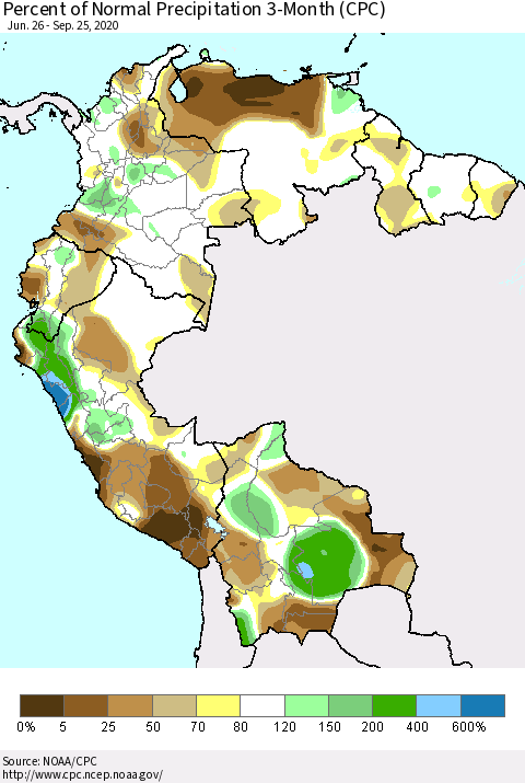 Northern South America Percent of Normal Precipitation 3-Month (CPC) Thematic Map For 6/26/2020 - 9/25/2020