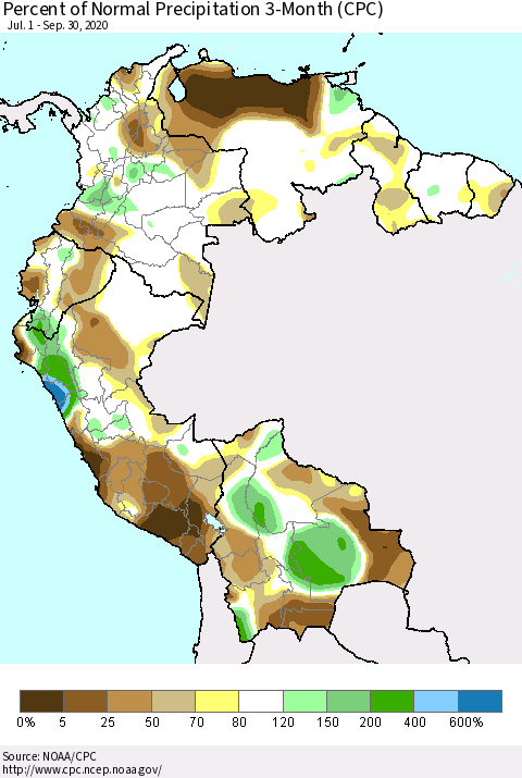 Northern South America Percent of Normal Precipitation 3-Month (CPC) Thematic Map For 7/1/2020 - 9/30/2020