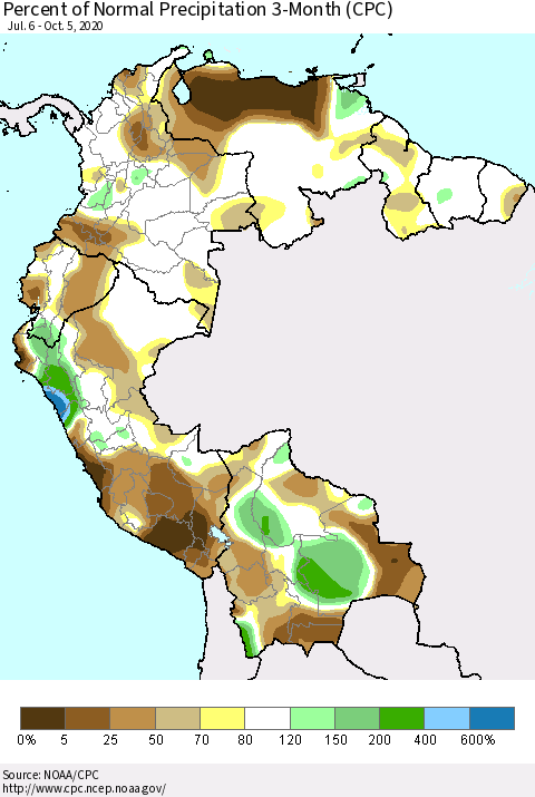 Northern South America Percent of Normal Precipitation 3-Month (CPC) Thematic Map For 7/6/2020 - 10/5/2020
