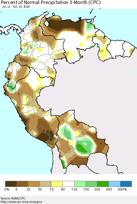 Northern South America Percent of Normal Precipitation 3-Month (CPC) Thematic Map For 7/11/2020 - 10/10/2020