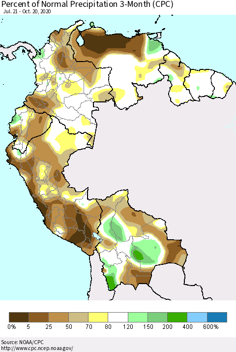 Northern South America Percent of Normal Precipitation 3-Month (CPC) Thematic Map For 7/21/2020 - 10/20/2020