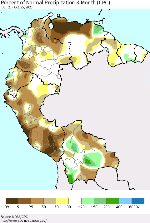 Northern South America Percent of Normal Precipitation 3-Month (CPC) Thematic Map For 7/26/2020 - 10/25/2020