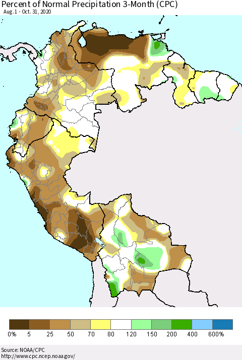 Northern South America Percent of Normal Precipitation 3-Month (CPC) Thematic Map For 8/1/2020 - 10/31/2020