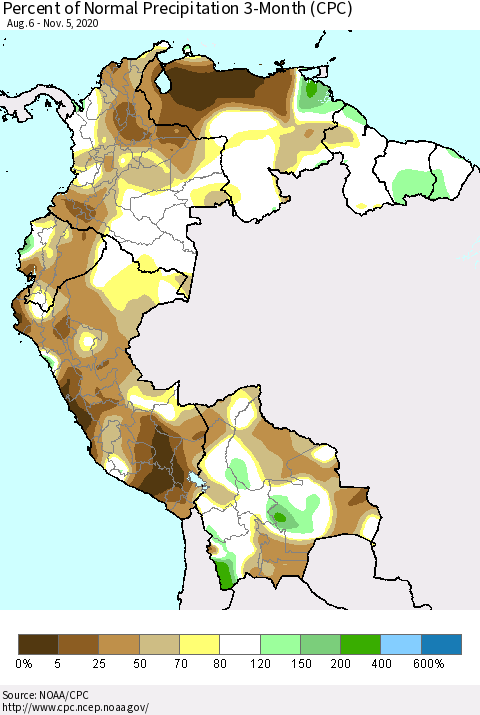 Northern South America Percent of Normal Precipitation 3-Month (CPC) Thematic Map For 8/6/2020 - 11/5/2020