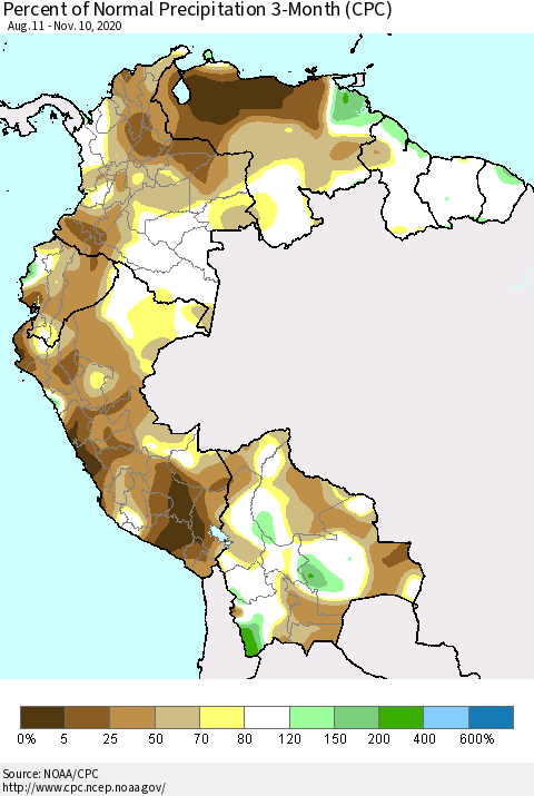 Northern South America Percent of Normal Precipitation 3-Month (CPC) Thematic Map For 8/11/2020 - 11/10/2020