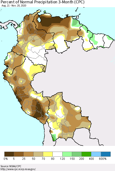 Northern South America Percent of Normal Precipitation 3-Month (CPC) Thematic Map For 8/21/2020 - 11/20/2020