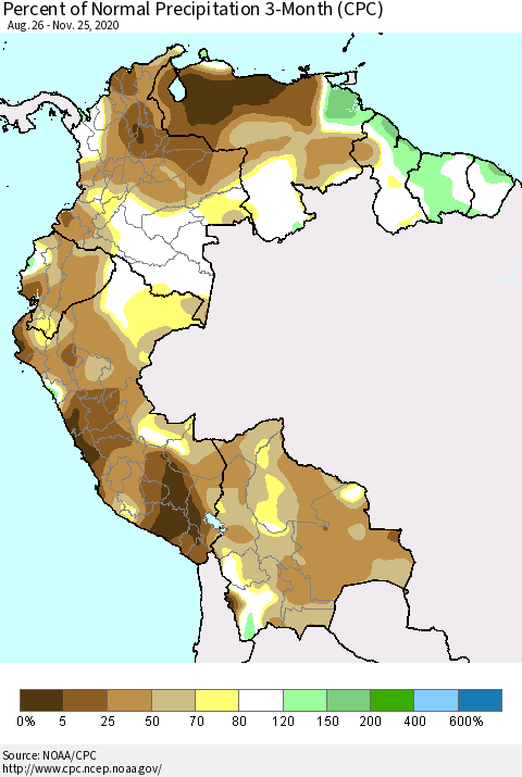 Northern South America Percent of Normal Precipitation 3-Month (CPC) Thematic Map For 8/26/2020 - 11/25/2020