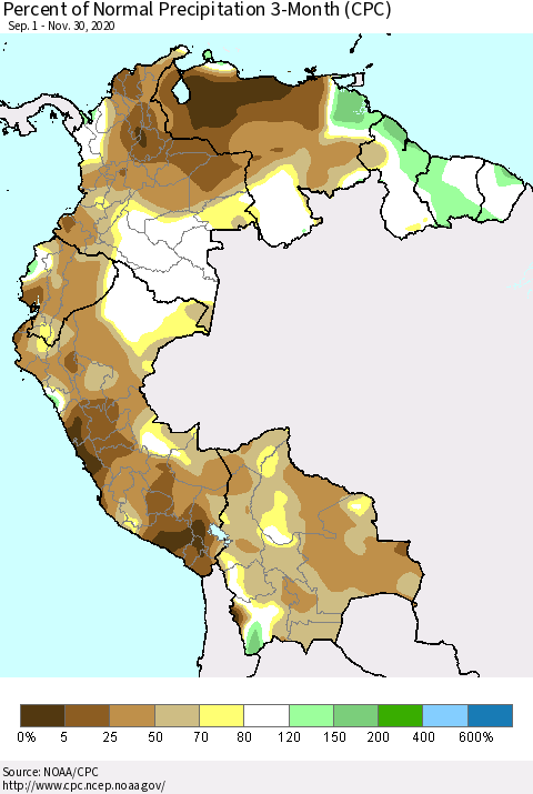 Northern South America Percent of Normal Precipitation 3-Month (CPC) Thematic Map For 9/1/2020 - 11/30/2020