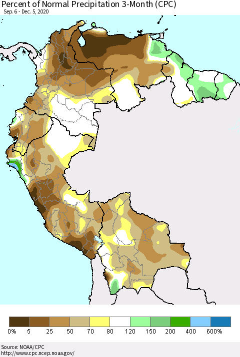 Northern South America Percent of Normal Precipitation 3-Month (CPC) Thematic Map For 9/6/2020 - 12/5/2020