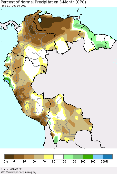 Northern South America Percent of Normal Precipitation 3-Month (CPC) Thematic Map For 9/11/2020 - 12/10/2020