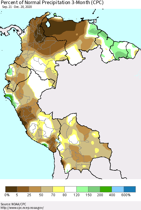 Northern South America Percent of Normal Precipitation 3-Month (CPC) Thematic Map For 9/21/2020 - 12/20/2020