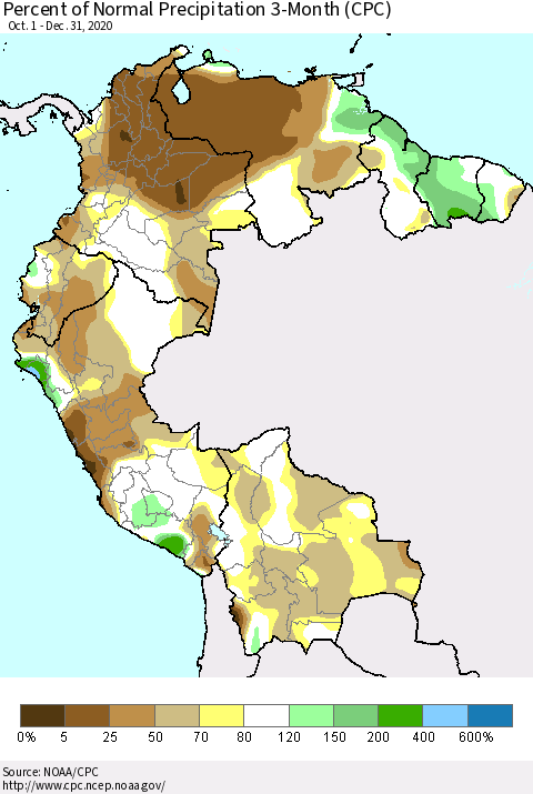 Northern South America Percent of Normal Precipitation 3-Month (CPC) Thematic Map For 10/1/2020 - 12/31/2020