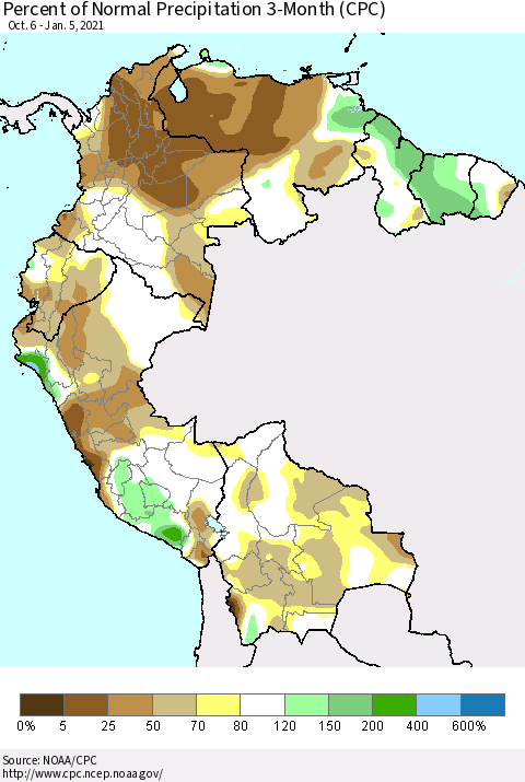Northern South America Percent of Normal Precipitation 3-Month (CPC) Thematic Map For 10/6/2020 - 1/5/2021